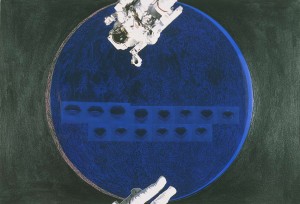 Future Perfect - The Moon Speaks - Moon Landing Collage 1993 29 x 21 inches, xerox images, transparent paper,  oil paint on paper copy (cropped)